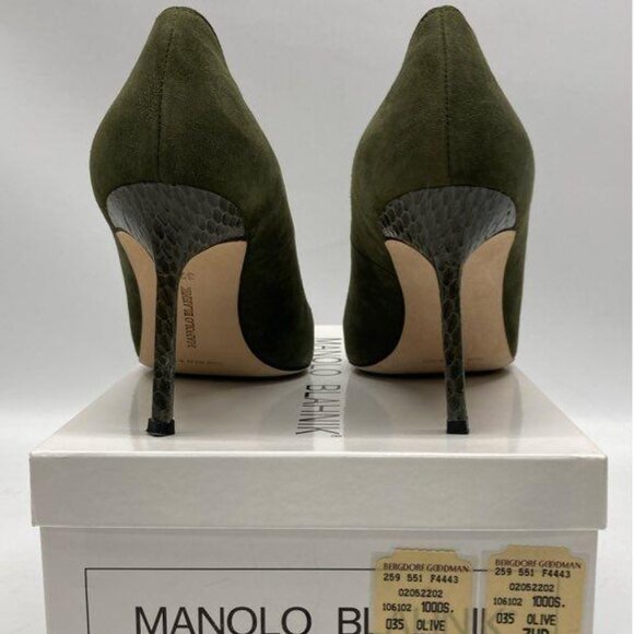 Manolo Blahnik Bipunta Leather Suede Olive Green Pumps Heels IOB EU 37.5 US 7 - Picture 2 of 16